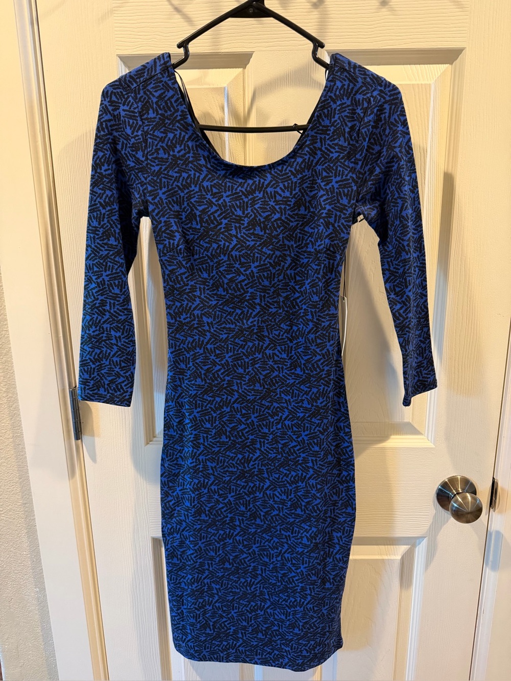 Astr Royal Blue and Black Patterned Scoop Neck Long Sleeve  Cut Outs in Back